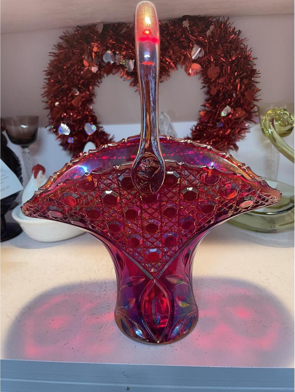 LE Smith Red Carnival Glass Basket Lattice & Leaf Pattern Vintage